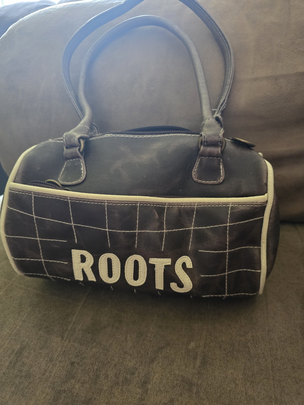 Roots Dark Brown Leather Barrel Bag with Cream Trim